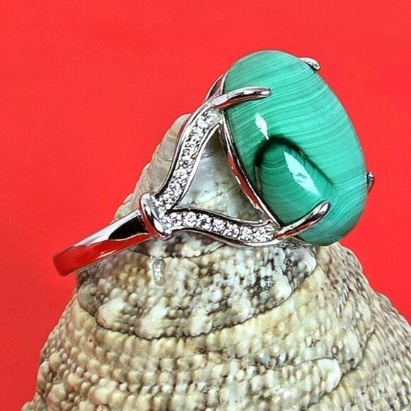 925 Sterling Silver Ring Sz 8.5 with Natural Malachite & CZ - Picture 5 of 15